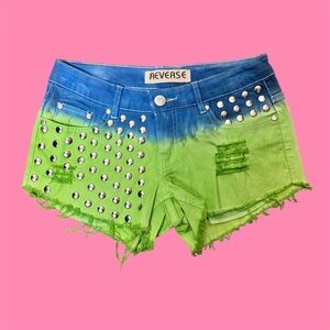 Reverse Blue and Green Studded Jean Shorts